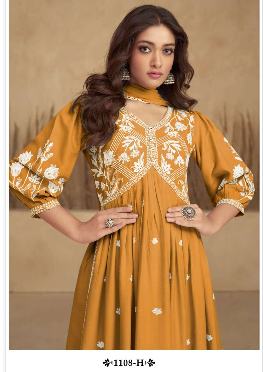 AADHRA VOL 5 SILVER COLOR PURE RAYON LAKHNAWI WORK NAYRA CUT KURTI WITH COTTON PLAZZO AND DUPATTA BY S3FOREVER BRAND 1108 H C